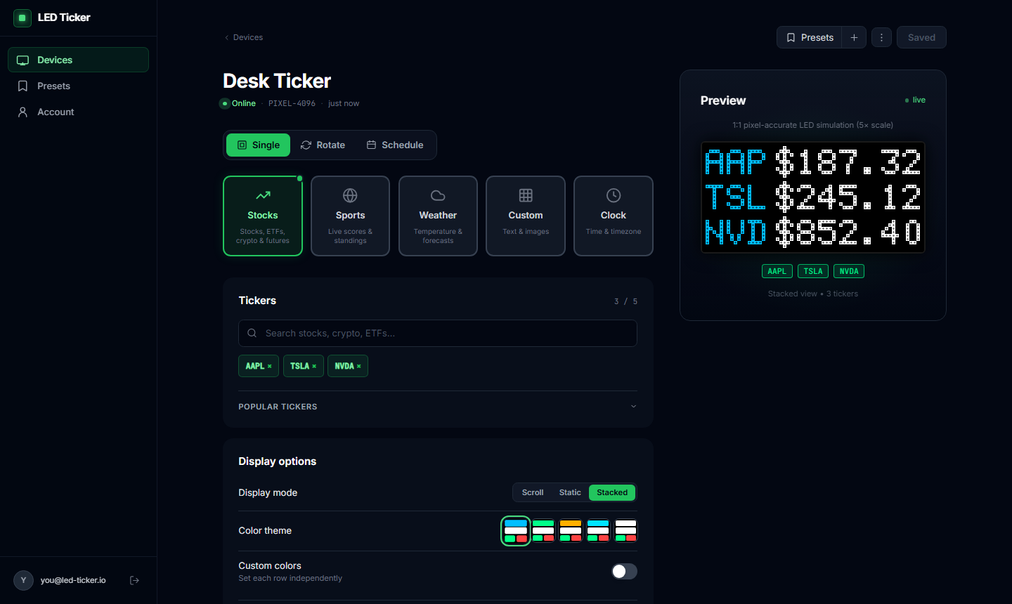 LED Ticker — Live stocks, sports & weather on a desktop RGB LED matrix